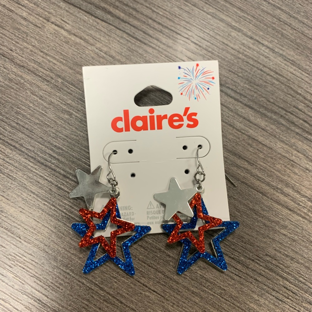 Claires Patriotic 4th July Red White Blue Stars Dangle Pierced Earrings
